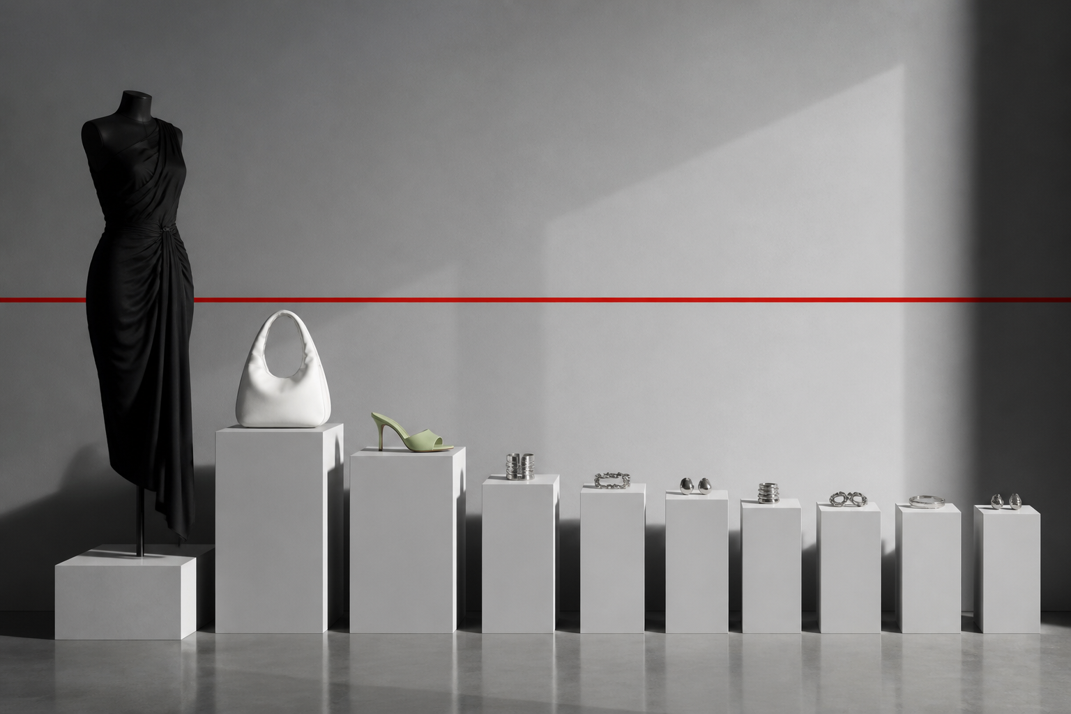 Vestido negro, bolso blanco, sandalia pistacho y joyería plateada sobre pedestales modulares